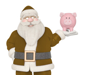 santa claus is smiling and holding a pink pig bank