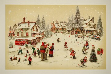 Vintage Merry Christmas postcard with a winter landscape, snowy background, people enjoying, celebrating holiday. christmas tree, toys and decorations. Ilusstration for advertising.