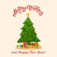 Vector flat illustration of decorated Christmas tree. Cartoon tree with garland and balls, presents and gifts in bright colors. Merry Christmas and Happy New Year red lettering greetings for poster