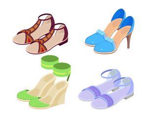 Fototapeta premium Female shoes with different heels vector illustrations set. Collection of cartoon drawings of heeled shoes for women isolated on white background. Fashion, footwear concept