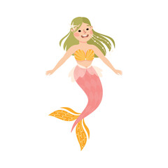 Mermaid with Wavy Green Hair Floating Underwater Vector Illustration