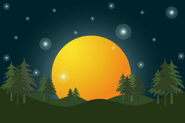 Natural background - Christmas trees, moon, sunset, stars. vector image