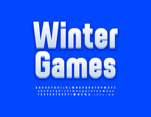 Vector bright emblem Winter Games. Elegant white Font. Modern 3D Alphabet Letters and Numbers.