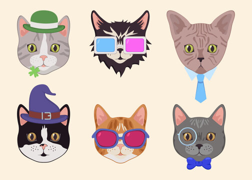 Heads of comic cats with accessories vector illustrations set. Collection of cartoon drawings of feline characters with hats, glasses, tie and bowtie on white background. Pets, accessories concept
