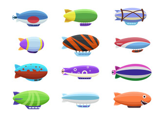 Different colorful designs of blimps vector illustrations set. Collection of cartoon drawings of airships with different patterns isolated on white background. Aviation, transportation concept