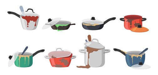 Dirty kitchen utensils vector illustrations set. Collection of cartoon drawings of messy kitchenware, frying pans, cooking pots isolated on white background. Housework or household, hygiene concept