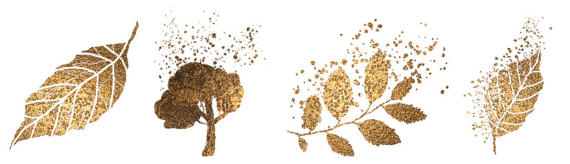Vector plants and grasses in gold style with gloss effects and and gold paint splatters. Minimalist style of hand drawn plants. With leaves and organic shapes.
