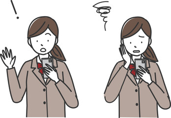 スマートフォンを見て驚く女性、がっかりする女性
