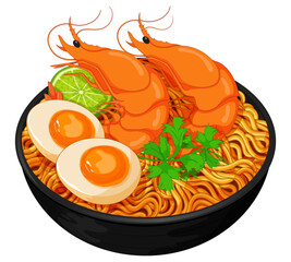 Thai stir fry noodles with shrimp or prawn recipe. Asian stir fry noodles recipe illustration vector. Chinese noodle seafood soup. Asian food noodle drawing.