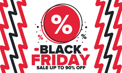 Black Friday. Sale up to 90% off. Biggest sale of the year. Special offer banner. Holiday shopping in United States. Super season deal in November. Discount badge. Creative vector template