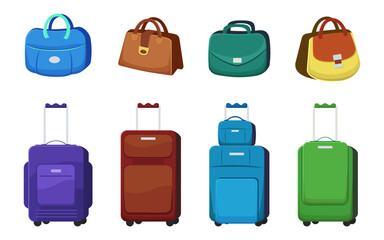 Colorful bags and suitcases for holiday vector illustrations set. Collection of cartoon drawings of baggage, handbags and cases isolated on white background. Traveling, accessory, luggage concept