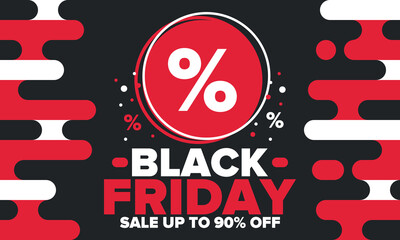 Black Friday. Sale up to 90% off. Biggest sale of the year. Special offer banner. Holiday shopping in United States. Super season deal in November. Discount badge. Creative vector template