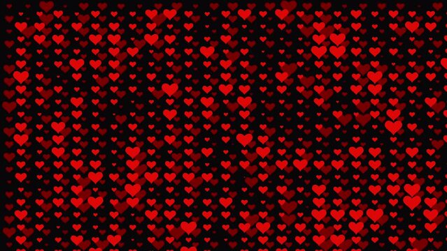Grid pattern of made from 100s of heart shapes. Christmas Hearts Love Red black background Design Abstract Christmas lights glitter with Alpha Channel. Valentine concept. 4K footage. 3D animation.