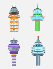 Airport towers vector illustrations set. Collection of drawings of air traffic control towers isolated on white background. Aviation, transportation, traveling concept