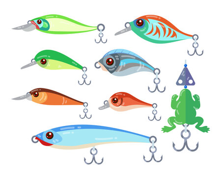 Different fishing lures and baits vector illustrations set. Collection of cartoon drawings of wobblers, plastic fishes and frog with fishhooks isolated on white background. Fishing, hobby concept