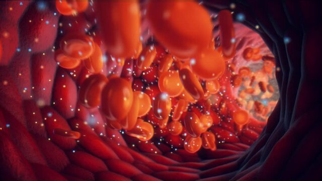 Diabetes is a metabolic disorder caused by high levels of blood sugar. Animation of glucose and insulin molecules  and red blood cells in a blood vessel.