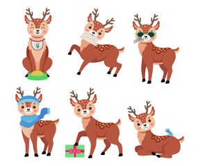 Naklejka premium Cute Christmas deer cartoon character vector illustrations set. Collection of drawings of adorable wild animal with antlers isolated on white background. Winter holidays, wildlife concept