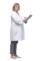 senior female doctor with clipboard. isolated on a white