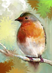 Digital bird painting. A bird perched on a branch among the natural forest.