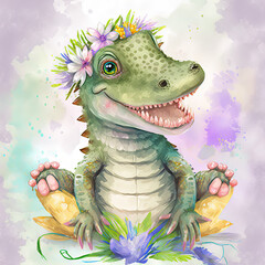 Fototapeta premium crocodile, alligator, floral crown, happy