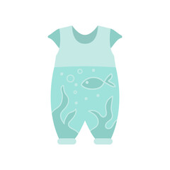 Green jumpsuit with marine theme for children isolated on white background. Clothes for newborn boy and girl cartoon illustration. Babys apparel concept