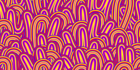 Colorful magenta purple psychedelic swirl seamless pattern with hallucination swirls. Vector illustration. Trippy 70s textile background. Groovy design