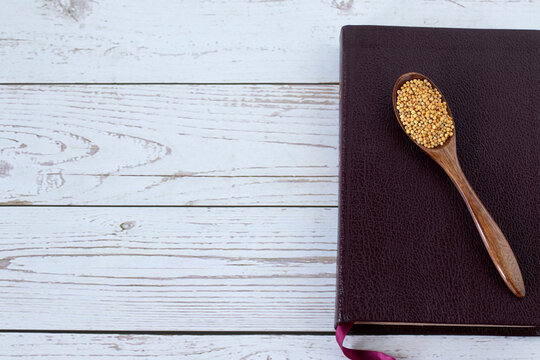 Spoon with mustard seeds on top of holy Bible Book placed on wooden background with copy space. Top table view. Faith parable of God Jesus Christ, Christian gospel, biblical concept.