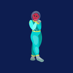 Astronaut expressing admiration on dark blue background. Alien character in space suit cartoon illustration. Futuristic, UFO concept