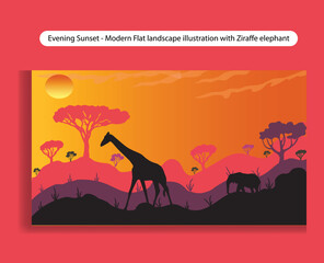 Evening Sunset - Modern Flat landscape illustration with Giraffe elephant