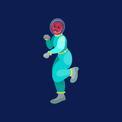 Happy running astronaut on dark blue background. Alien character in space suit cartoon illustration. Futuristic, UFO concept