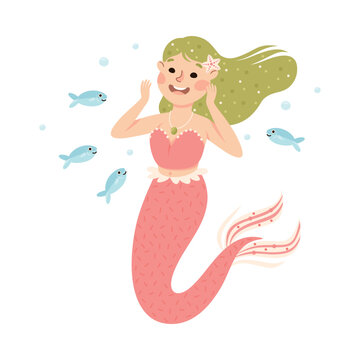 Mermaid with Wavy Green Hair Floating Underwater Among Fish Vector Illustration