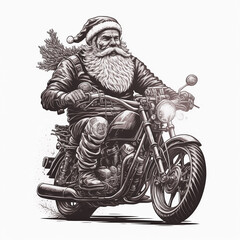 Fototapeta na wymiar Engraving - Santa Claus on a motorcycle.