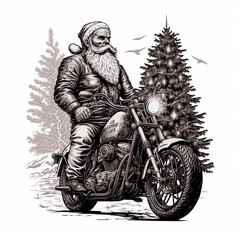 Fototapeta na wymiar Engraving - Santa Claus on a motorcycle against the background of a Christmas tree.