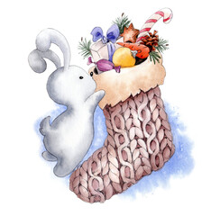 Bunny and Christmas sock hand drawn watercolor. Can be used for Christmas card, advent calendar and planning.