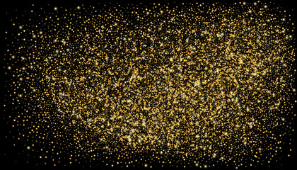 Gold glitter confetti on a black background. Shiny particles scattered, sand. Decorative element. Luxury background for your design, cards, invitations, vector