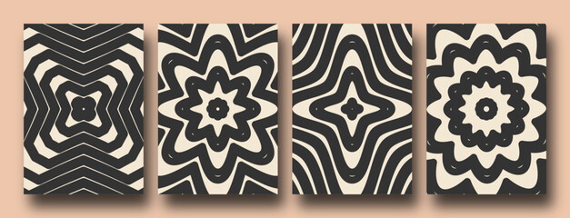 Retro Collection of abstract geometric tiles posters, swirl pattern with stars, daisies, and flowers in trendy psychedelic style. Y2k aesthetic.