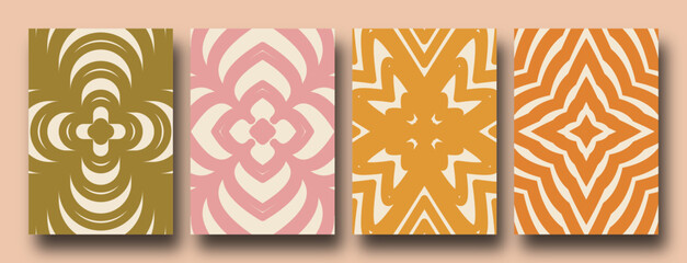Retro Collection of abstract geometric tiles posters, swirl pattern with stars, daisies, and flowers in trendy psychedelic style. Y2k aesthetic.