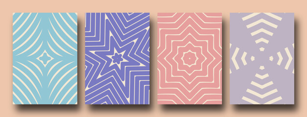 Fototapeta premium Retro Collection of abstract geometric tiles posters, swirl pattern with stars, daisies, and flowers in trendy psychedelic style. Y2k aesthetic.