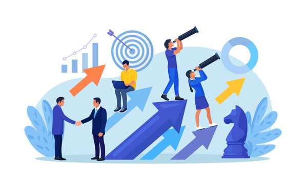 Successful entrepreneurs standing on arrows and looking with telescope for new opportunities. New business, start up. Team strategy for success, achievement. Business development plan for improvement