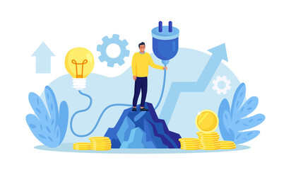 Businessman standing on rock, holding electrical plug with cord, turn on light bulb. Business idea, success solution. Investment in new project development, startup. Search for ideas and brainstorming