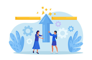 Business women try with full effort to break ceiling to growing in work. People overcoming difficulty, limits. Struggle with career obstacle, exceeding boundaries. Business progress, development