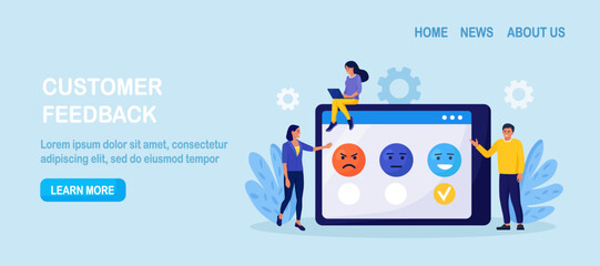 Customers Satisfaction. Feedback. Consumer opinion. Rating on Customer Service. Users Opinions with Emoticons and Checklists on Tablet. Client Choosing Satisfaction Evaluation and Leaving Review