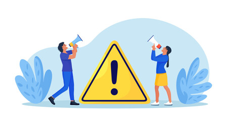 Businessmen holding megaphone with important announcement. Attention or warning information. People shouting breaking news or urgent message, standing near exclamation sign. Marketing and advertising - obrazy, fototapety, plakaty