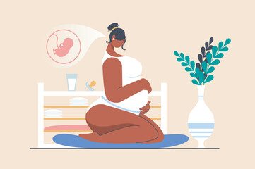 Pregnancy concept with people scene in flat design. Beautiful pregnant woman in lingerie sits and lovingly hugs her big belly and waiting for baby. Vector illustration with character situation for web