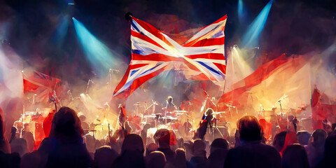 The audience comes alive in front of the British flag during a rock concert. A strong energy emerges from it. A perfect image to illustrate the British movement.