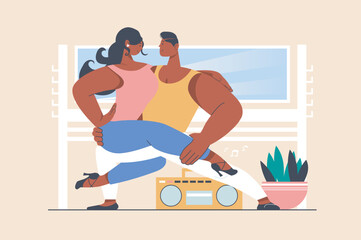 Bachata dance concept with people scene in flat design. Woman and man dancing latin dances in ballroom. Couple of dancers training in studio. Vector illustration with character situation for web