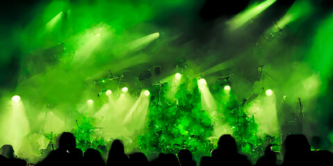 The crowd of fans comes alive under green spotlights; the smoke creates an atmosphere saturated with green color. A rock scene vibrating with energy.