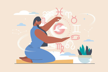 Astrology concept with people scene in flat design. Woman astrologer predicts fate and reads horoscope, works with zodiac signs and constellations. Vector illustration with character situation for web