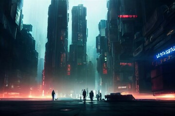 Pedestrians in a futuristic city