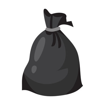 Tied Up Trash Bag Vector Illustration. Black Sack With Food Waste, Open Dirty Garbage Can Or Dumpster On White Background